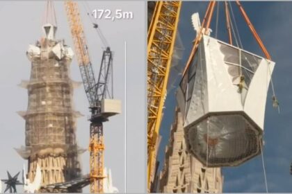 Видео: на башню собора Святого Семейства установили последний элемент ― звезду